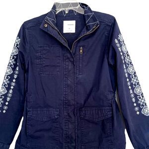 Sonoma Embroidered Boho Navy Cotton  Full Zip Trench Spring Jacket Blazer Size S